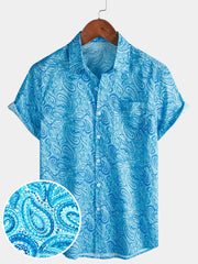 Men’s Light Blue Paisley Short Sleeve Button Down Casual Summer Beach Shirt