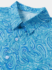 Men’s Light Blue Paisley Short Sleeve Button Down Casual Summer Beach Shirt