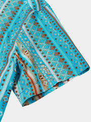 Men’s Vintage Geometric Stripe Short Sleeve Button Down Breathable Casual Shirt