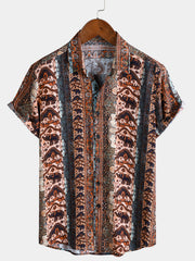 Men’s Vintage Boho Elephant Stripe Short Sleeve Beach Vacation Shirt