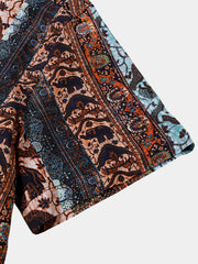Men’s Vintage Boho Elephant Stripe Short Sleeve Beach Vacation Shirt