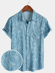 Men's Blue Paisley Floral Summer Holiday Short Sleeve Shirt