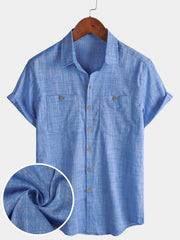 Men's Casual Breathable 100% Cotton Dual Pocket Short Sleeve Collar Shirt