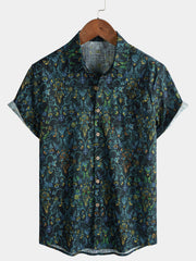 Men’s Vintage Botanical Printed Breathable Casual Holiday Cotton Short Sleeve Shirt