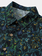 Men’s Vintage Botanical Printed Breathable Casual Holiday Cotton Short Sleeve Shirt