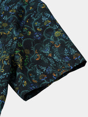 Men’s Vintage Botanical Printed Breathable Casual Holiday Cotton Short Sleeve Shirt