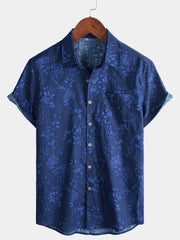 Men’s Vintage Holiday Breathable Blue Botanical Pattern Casual Cotton Short Sleeve Shirt