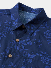 Men’s Vintage Holiday Breathable Blue Botanical Pattern Casual Cotton Short Sleeve Shirt