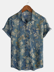 Men’s Vintage Floral Print Casual Cotton Short Sleeve Shirt
