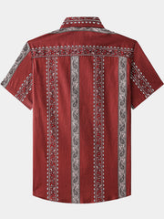 Men’s Retro Hawaiian Print Paisley Striped Cotton Breathable Resort Vacation Short Sleeve Shirt