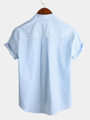 Men's Breathable Cotton Stand Collar Short Sleeve Striped Classic Shirts