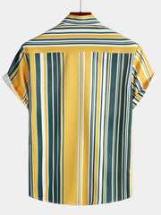 Men's Casual Button Up Retro Yellow And Green Vertical Striped Pocket Short Sleeve Shirt
