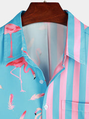 Men's Flamingo & Striped Print Pocket Short Sleeve Shirt