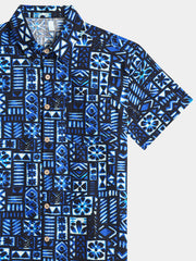 Men’s Summer Beach Blue Black Geometric Cotton Casual Breathable Short Sleeve Shirt
