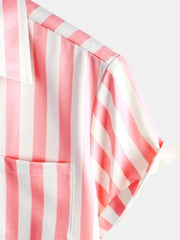 Men's Pink White Striped Palm Tree Print Aloha Short Sleeve Hawaiian Shirt