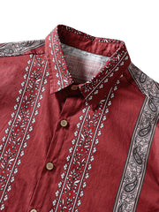 Men’s Retro Hawaiian Print Paisley Striped Cotton Breathable Resort Vacation Short Sleeve Shirt