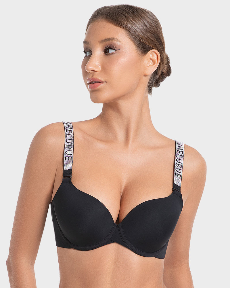 Deep V Push-Up Underwire Bra with Rhinestone Strap - view 10
