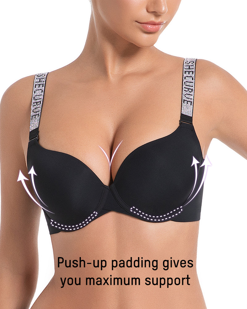 Deep V Push-Up Underwire Bra with Rhinestone Strap - view 3