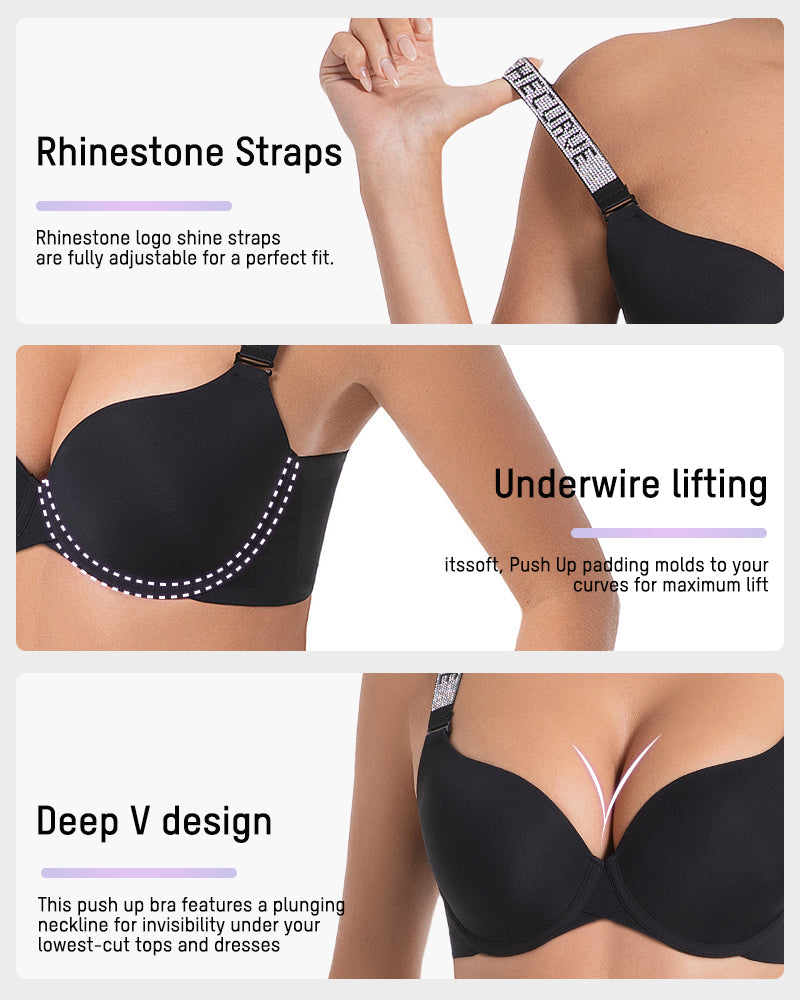 Deep V Push-Up Underwire Bra with Rhinestone Strap - view 4