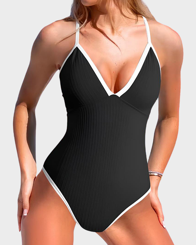 Deep V Ribbed Cross Back One-Piece Swimsuit