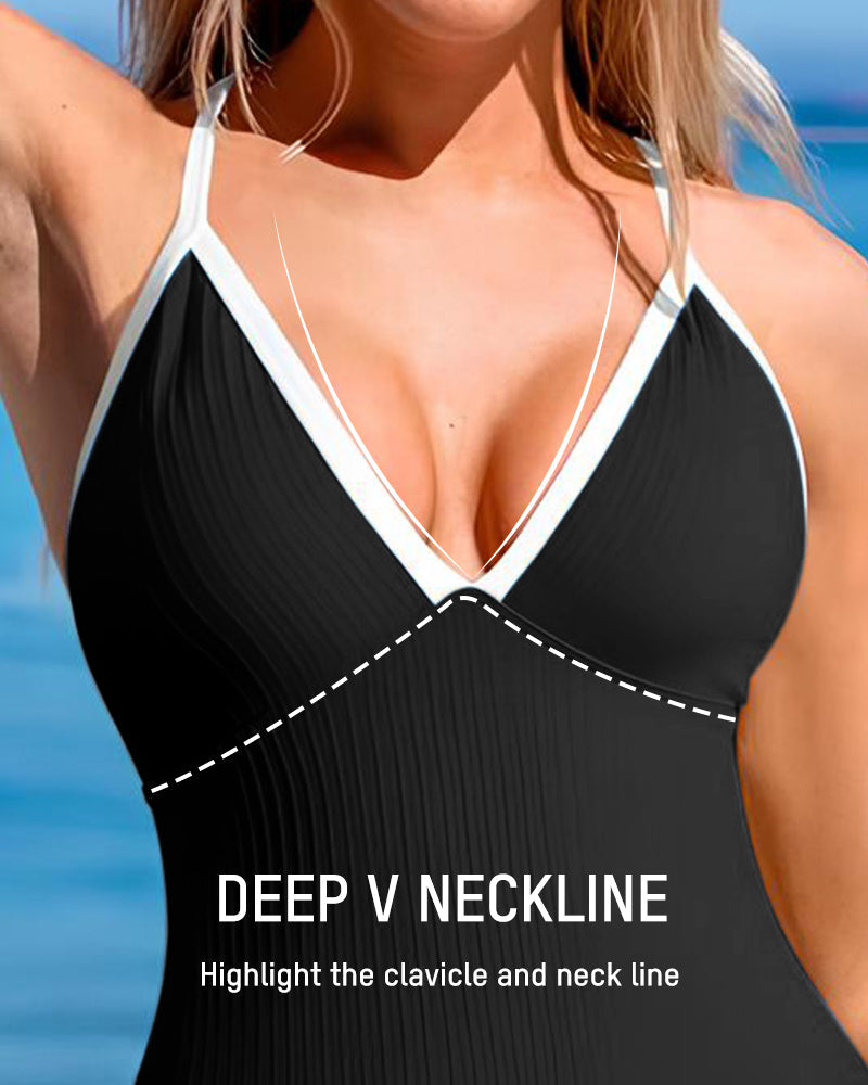 Deep V Ribbed Cross Back One-Piece Swimsuit - view 4