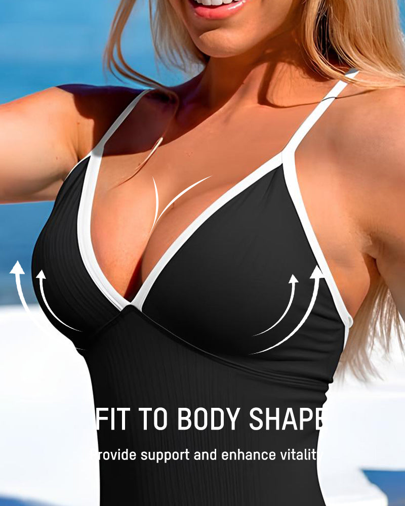 Deep V Ribbed Cross Back One-Piece Swimsuit - view 5