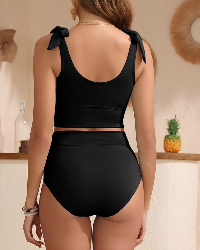 Double Tie Shoulder High Waist Tummy Control Bikini Set - view 4