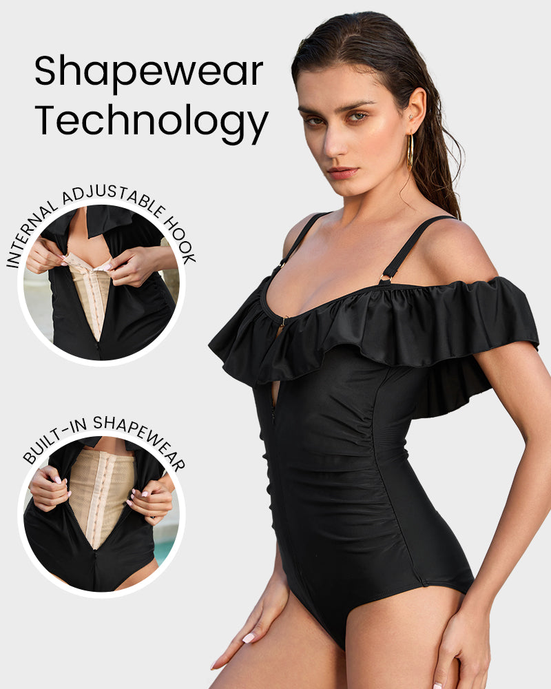 Drop-Shoulder Ruffled Zip-Front Shapewear Swimsuit - view 13