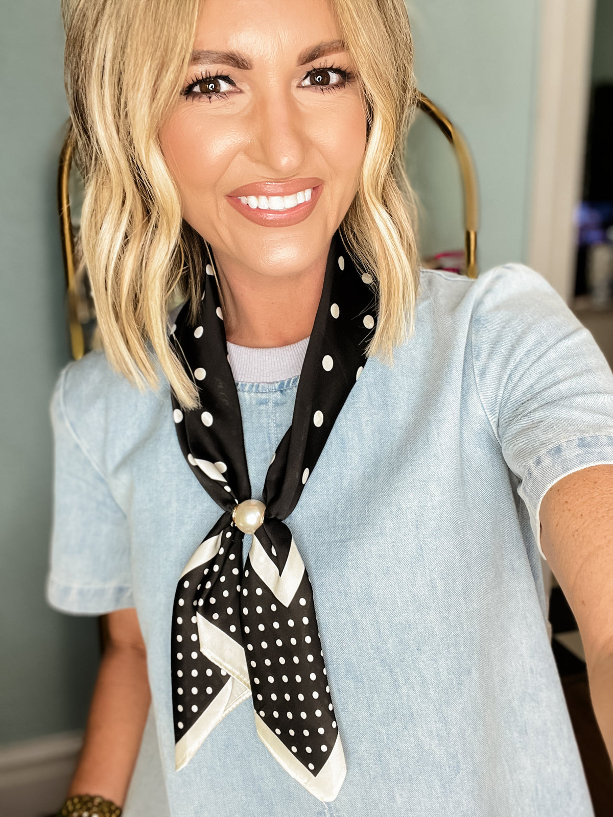 Pearl Scarf Necklace - Black Polka Dot