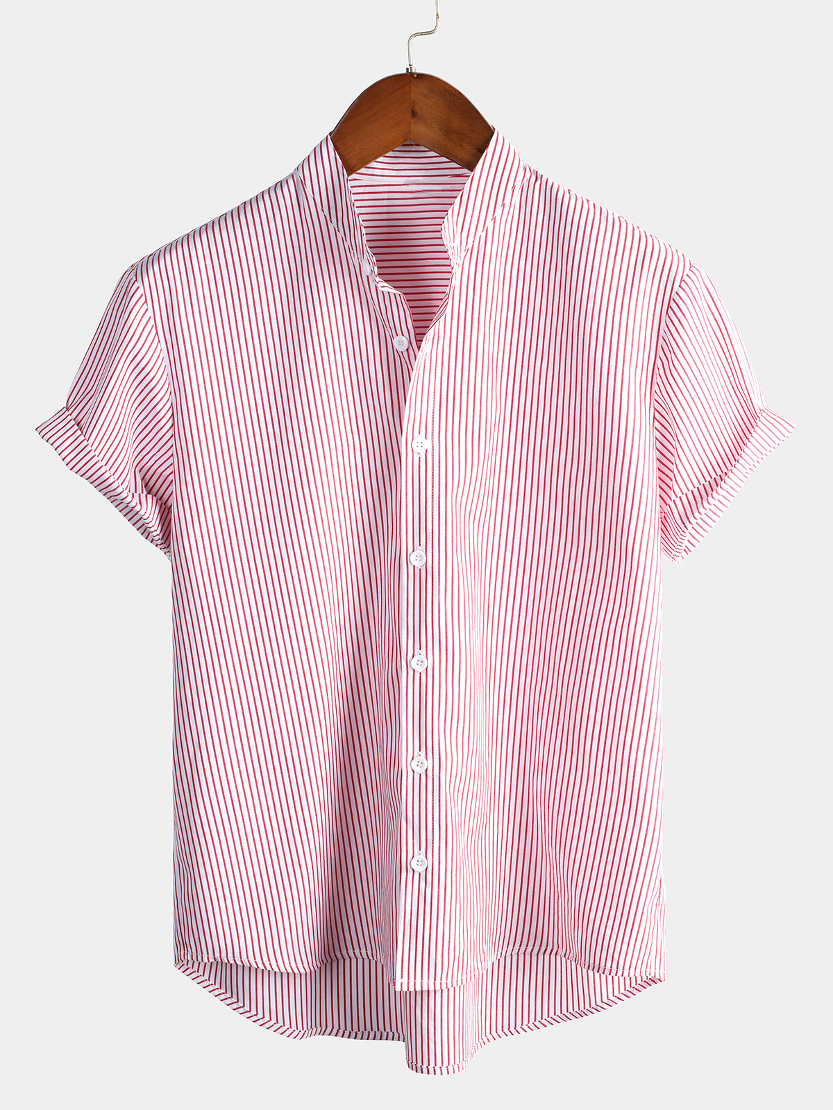 Men's Breathable Cotton Stand Collar Short Sleeve Striped Classic Shirts