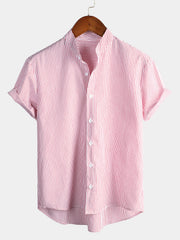 Men's Breathable Cotton Stand Collar Short Sleeve Striped Classic Shirts