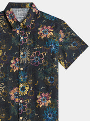 Men’s Retro Resort Vacation Holiday Party Hawaiian Floral Cotton Short Sleeve Shirt