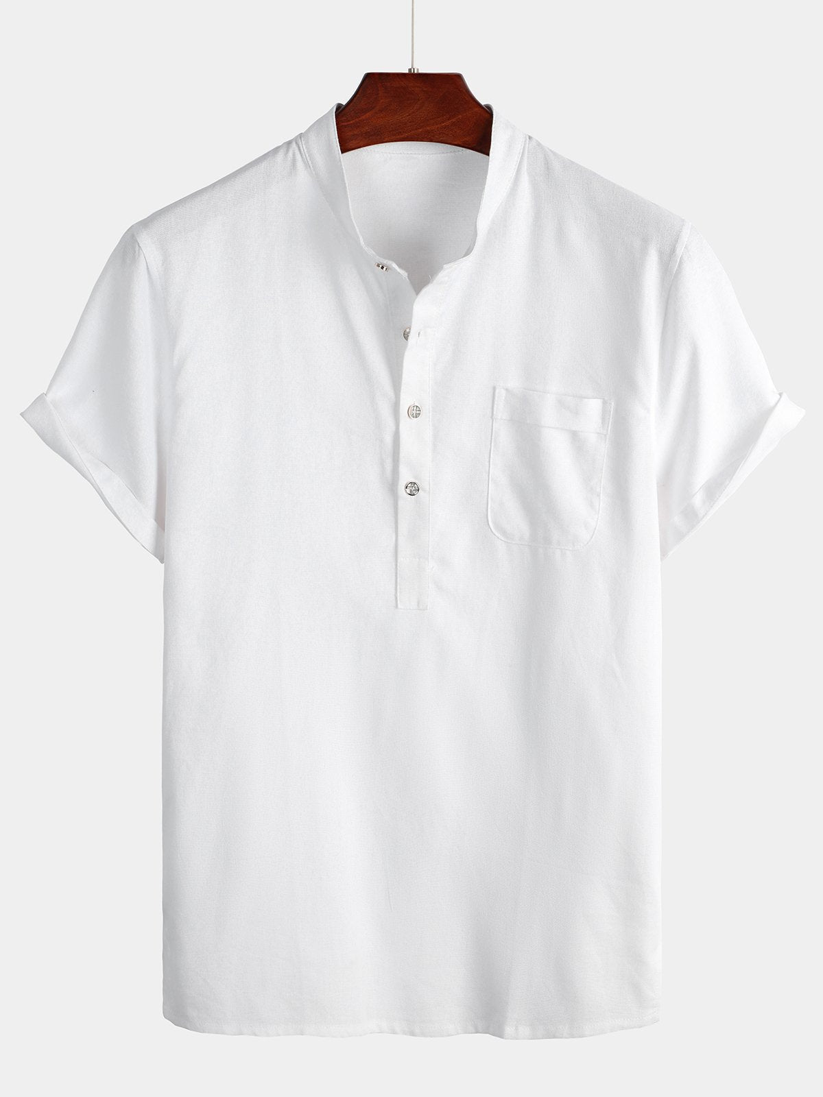 Men's Solid Color Stand Collar Half Button Pocket Front Shirt