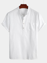 Men's Solid Color Stand Collar Half Button Pocket Front Shirt