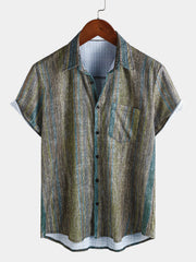 Men’s Vintage Green Striped Hawaiian Button Up Short Sleeve Shirt