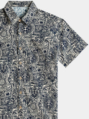 Men’s Tribal Pattern Short Sleeve Button Down Breathable Cool Casual Shirt
