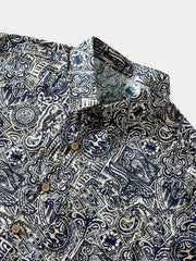 Men’s Tribal Pattern Short Sleeve Button Down Breathable Cool Casual Shirt