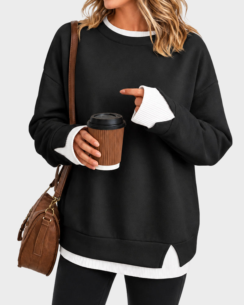 Faux-Layer Rib-Trim Oversized Crewneck Sweatshirt - view 24