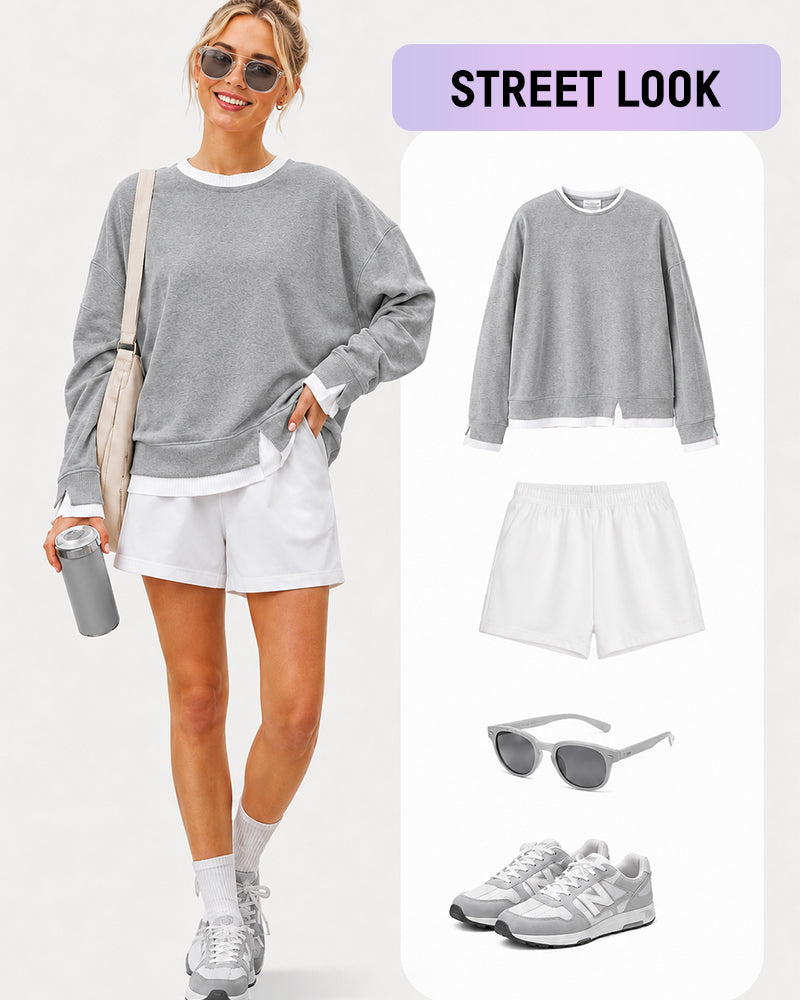 Faux-Layer Rib-Trim Oversized Crewneck Sweatshirt - view 13