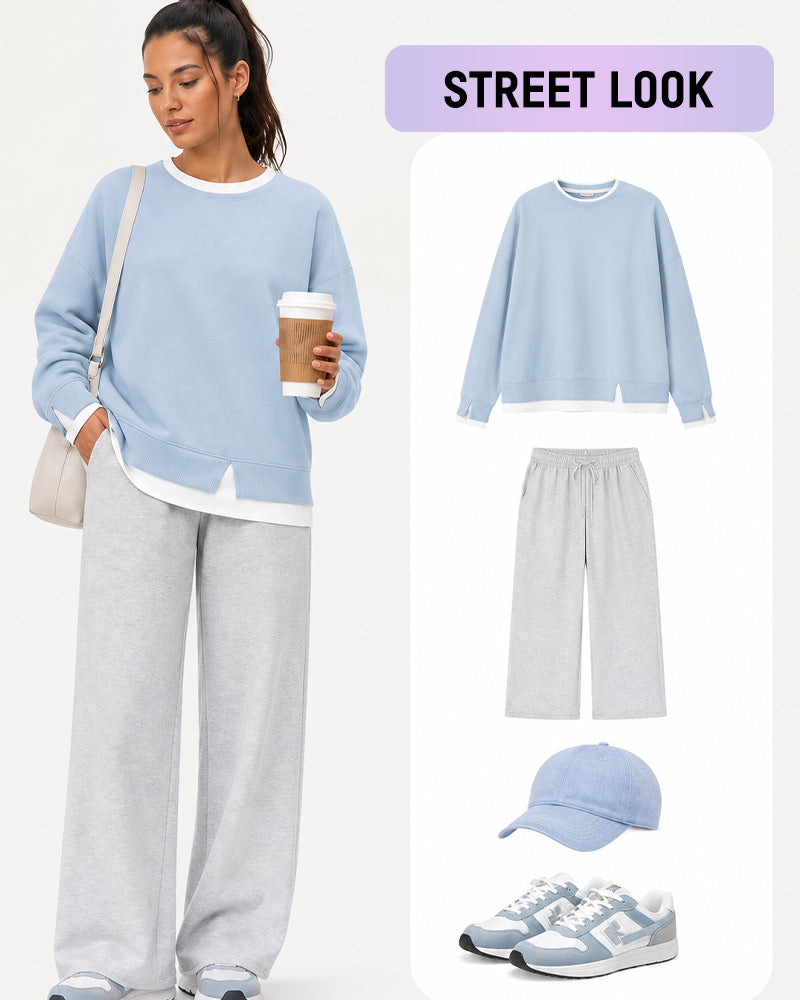 Faux-Layer Rib-Trim Oversized Crewneck Sweatshirt - view 14