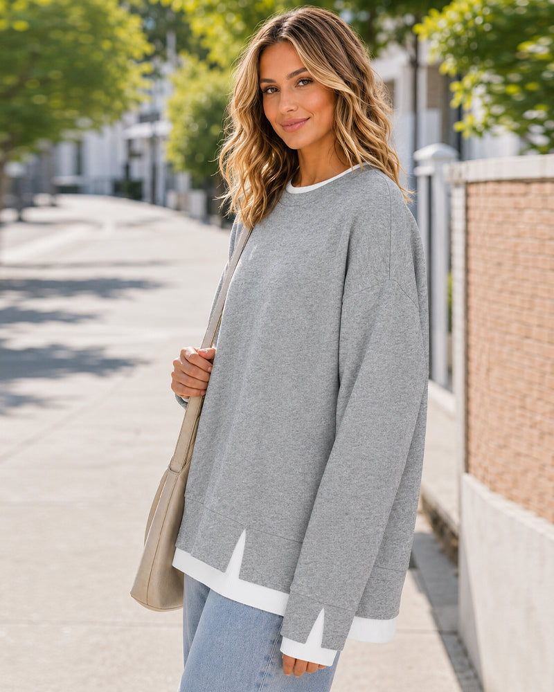 Faux-Layer Rib-Trim Oversized Crewneck Sweatshirt - view 3