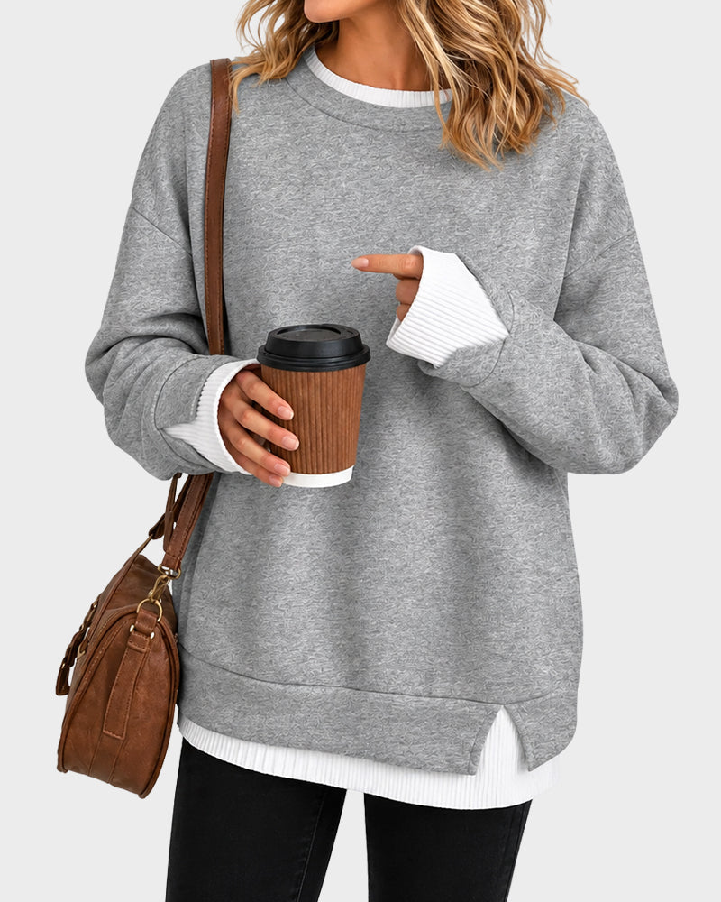 Faux-Layer Rib-Trim Oversized Crewneck Sweatshirt - view 23