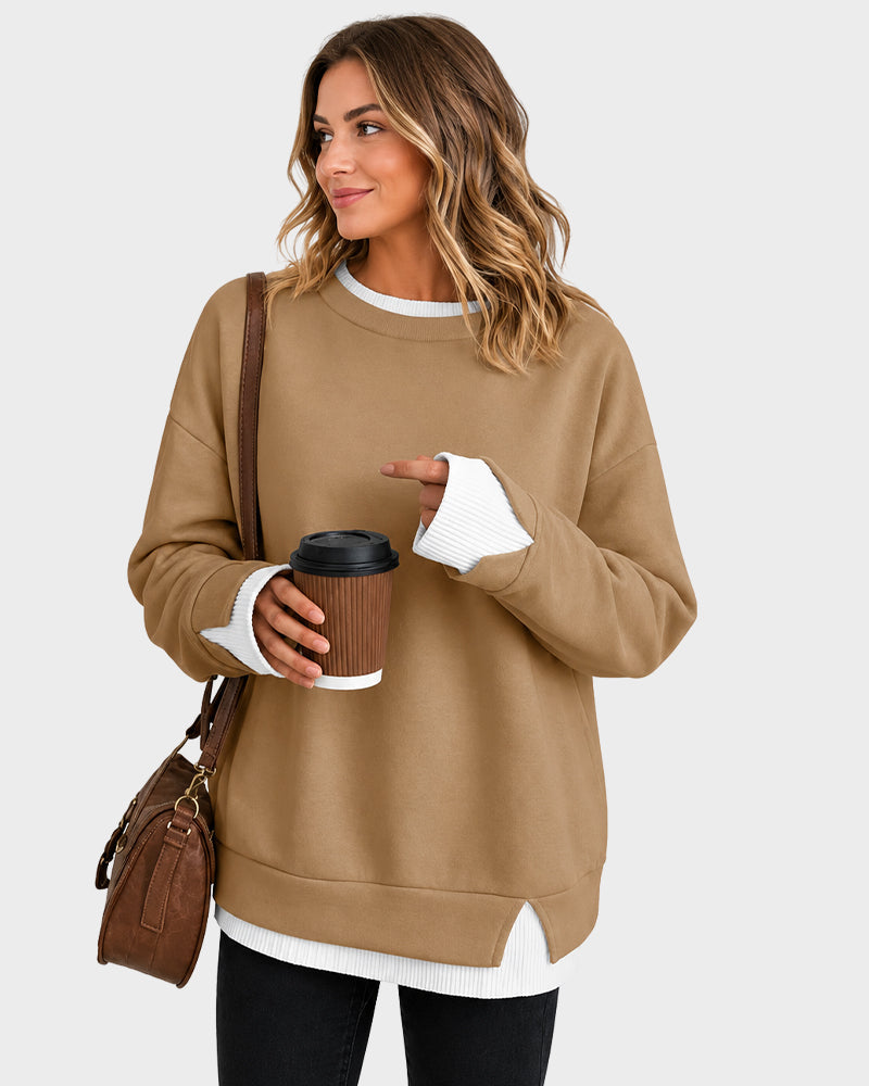 Faux-Layer Rib-Trim Oversized Crewneck Sweatshirt - view 9