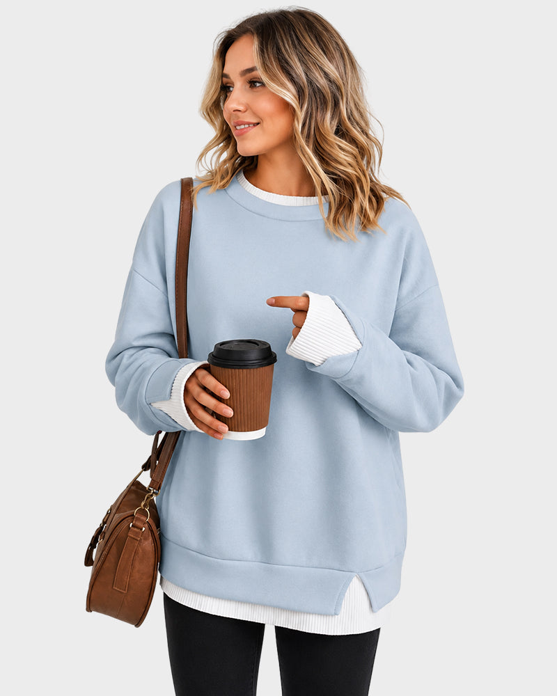 Faux-Layer Rib-Trim Oversized Crewneck Sweatshirt - view 16
