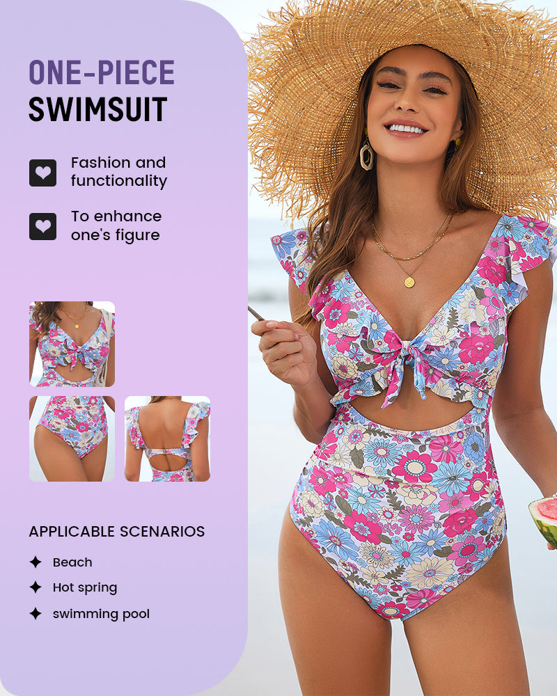 Floral Ruffle V-Neck Cutout One-Piece Swimsuit - view 2