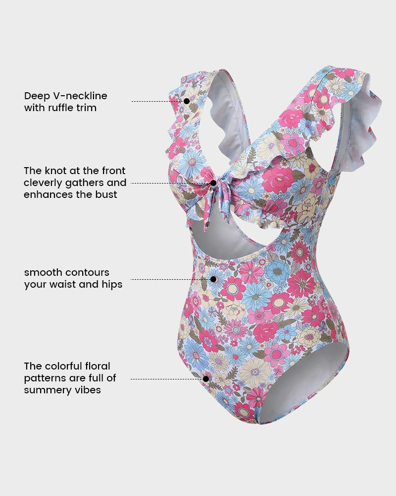 Floral Ruffle V-Neck Cutout One-Piece Swimsuit - view 4