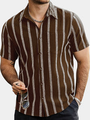 Men's Summer Striped Pocket Button Up Short Sleeve Hawaiian Shirt