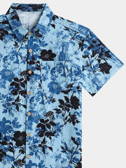 Men’s Summer Beach Vintage Light Blue Floral Cotton Casual Breathable Short Sleeve Shirt