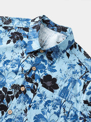 Men’s Summer Beach Vintage Light Blue Floral Cotton Casual Breathable Short Sleeve Shirt