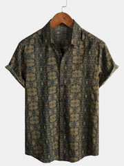 Men's Cotton Vintage Short Sleeve 70s Retro Summer Button Up Shirt